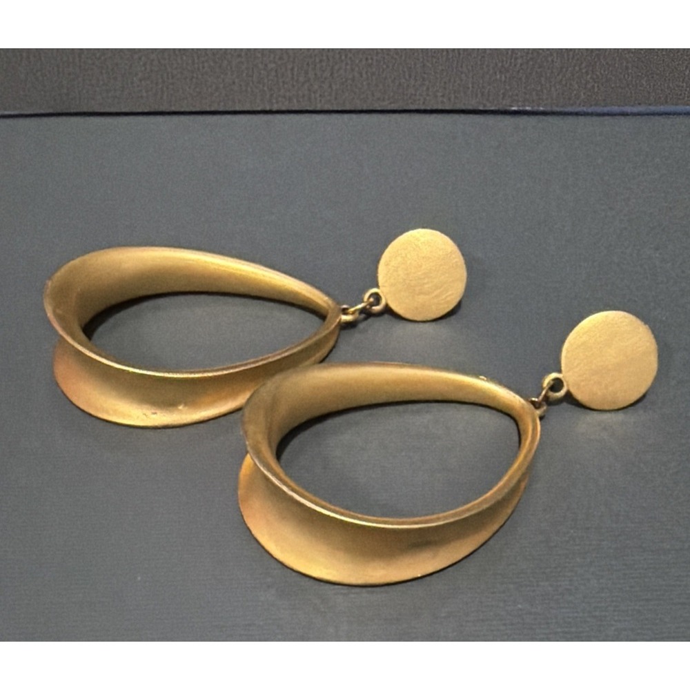 Matte Gold Tone Sculptural Open Hoop Dangle Earrings Modernist Artcore
